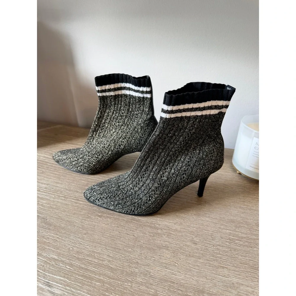 Stuart Weitzman Waverly Sock‎ Ankle Boots Womens Black Gold Metallic 7